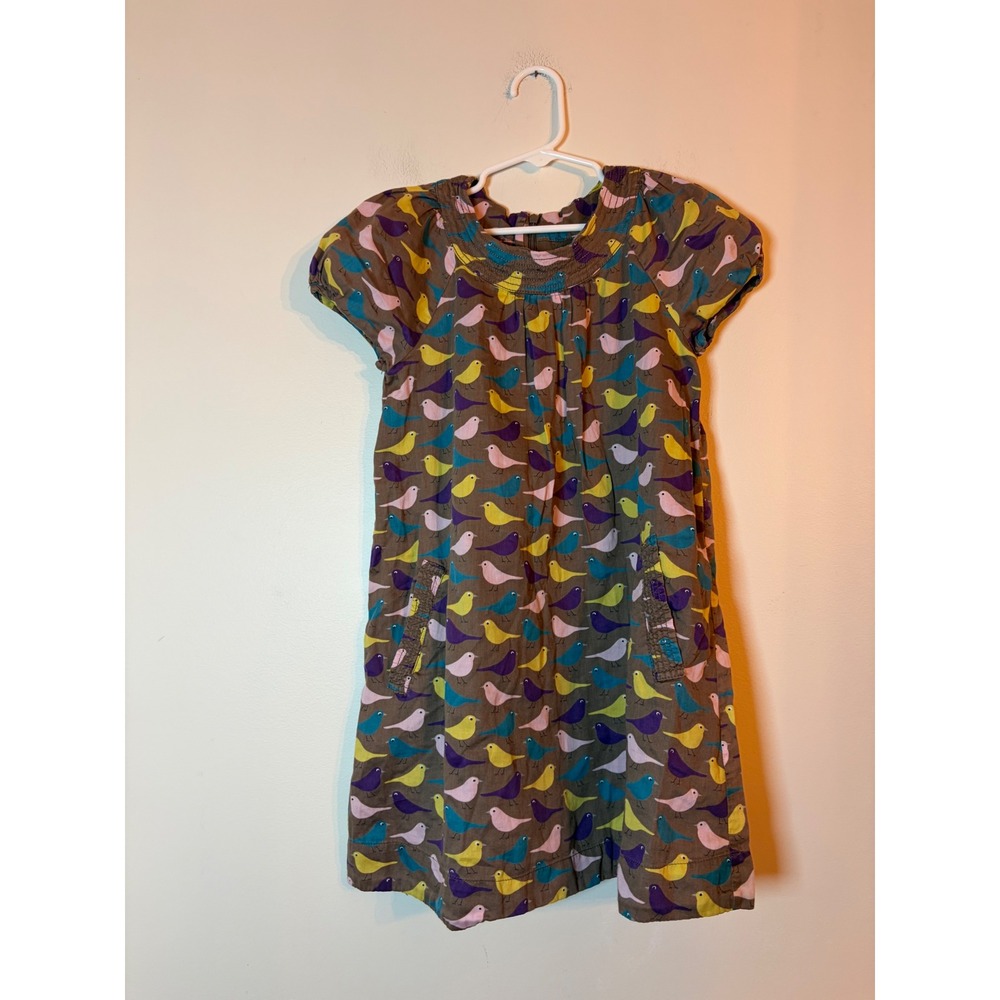 Mini Boden Bird Print Dress Kids 7-8Y Brown Cotton Smocked Pocket Short Sleeve